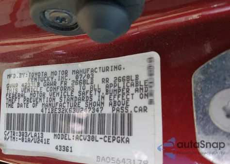 2003 Toyota Camry Xle from USA, damaged, VIN 4T1BE32K63U247347